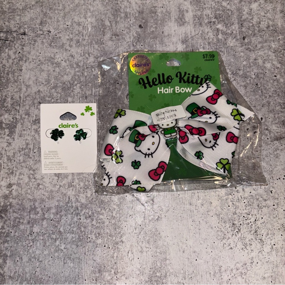 St Patrick’s Hello Kitty Hair Bow and Shamrock Earrings NEW